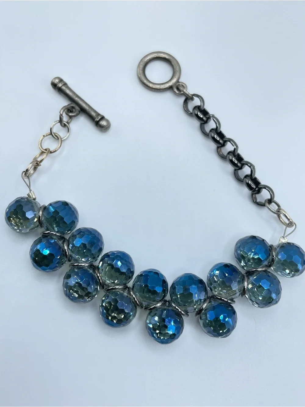 Silver Gunmetal Tone Blue AB Crystal Glass Tennis Bracelet Glam Sparkle